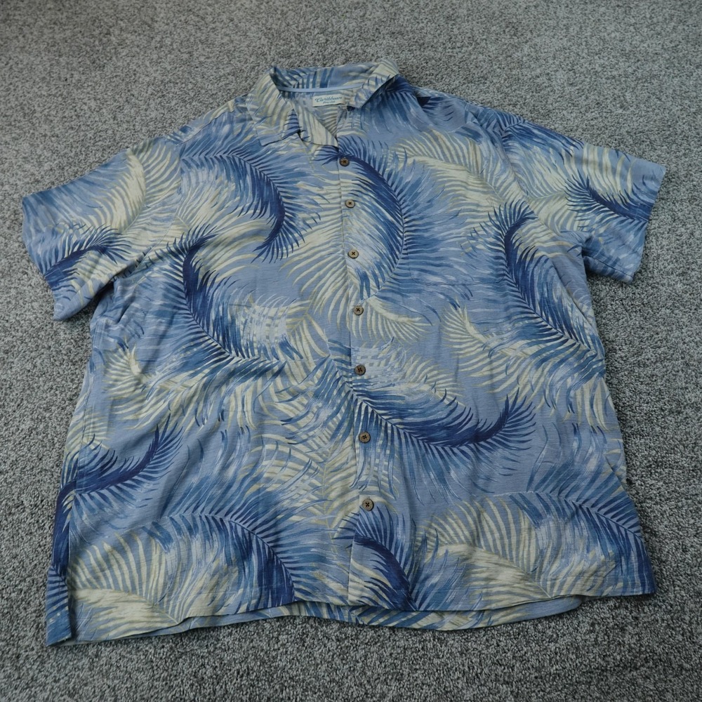 Caribbean Shirt Mens 3XLT Blue Silk Palm Aloha Tropical Hawaiian Camp Collar Top